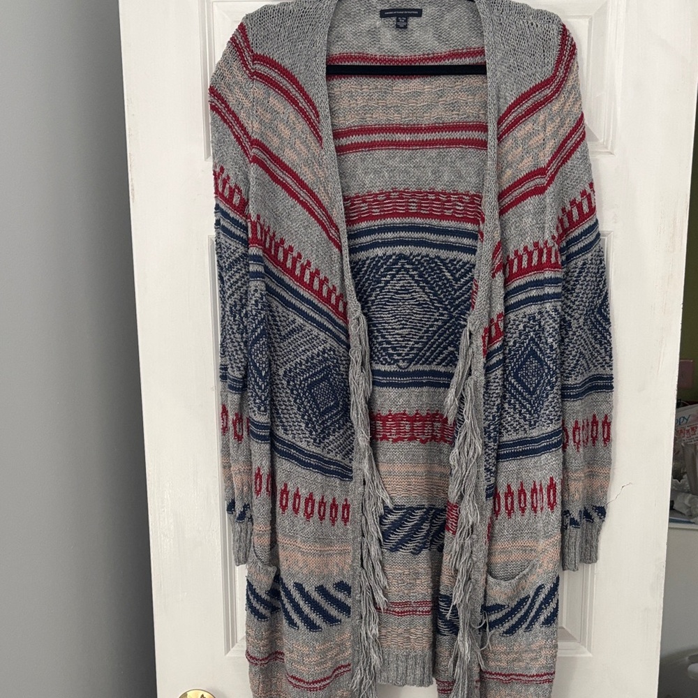 American Eagle Outfitters Gray and Red Patterned Cardigan